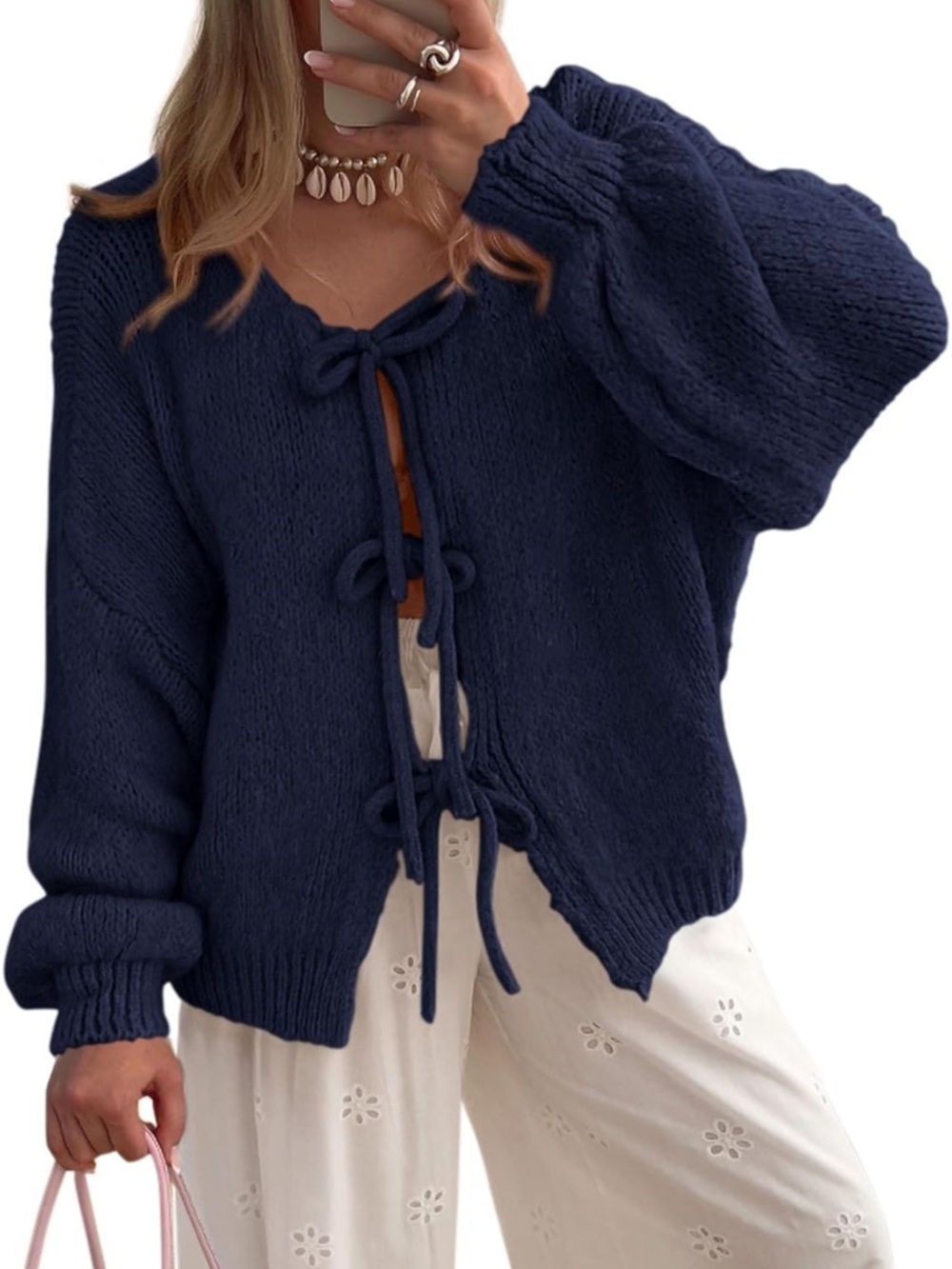 Navy Tie-Front Knit Sweater Cardigan - Women's